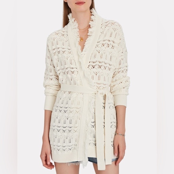 INTERMIX Brady Pointelle Silk-Cotton Wrap Cardigan in White Size Medium. - Picture 9 of 13